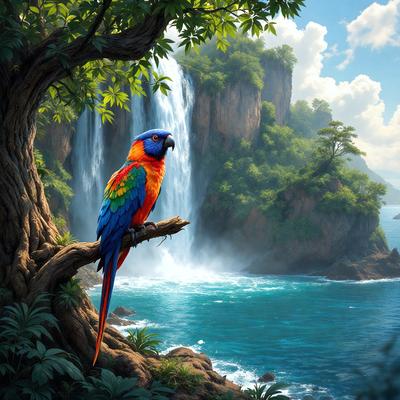 The primary subject of the image is a colorful parrot perched on a tree branch. The setting is a lush, tropical environment with a waterfall in the background. The visual style is a digital art illustration, creating a vibrant and lively atmosphere. The dominant colors include shades of green, blue, and orange, reflecting the natural beauty of the scene.